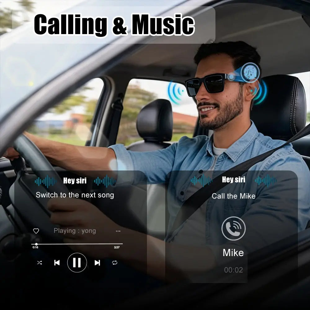 Smart Glasses, Wireless Bluetooth Sunglasses with Open-Ear Audio, Voice Assistant &Touch Control, Hands-Free Calling, UV Protection for Running Driving Work, Wearable Tech Gift for Men Women, Multifunctional Rectangular Smart Glasses