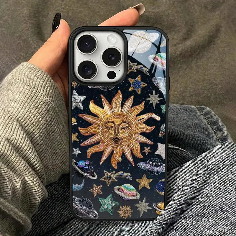 Sun & Planet Pattern Phone Case, 2 in 1 Glass & Acrylic Hard Case, TPU Anti-Drop Total Protective Protective Case for Iphone