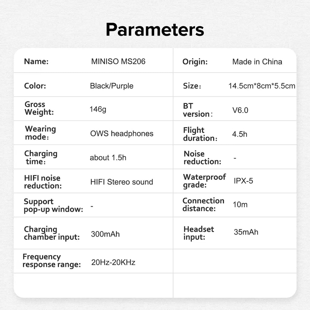 MINISO MS206 Wireless Translator BT V6.0 Earphones with APP Support 134 Languages, Earbuds with Microphone, Earhook, Sweatproof, Fast Charging, 48 Hours Playing Time, Compatible with IOS and Android, Black, Purple