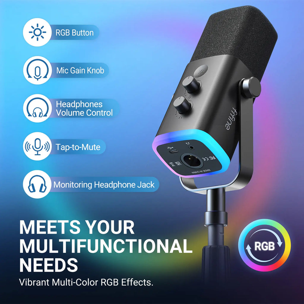 FIFINE AM8S Gaming Microphone with Adjustable Stand, Height Adjustable Heavy-Duty Metal Stand, RGB Dynamic Mic with Quick Mute, Gain Volume Control, Headphone Jack, XLR/USB for Podcast, Streaming, Recording, PC PS5 Gamer, Audio Interface Mixer, Smartphone