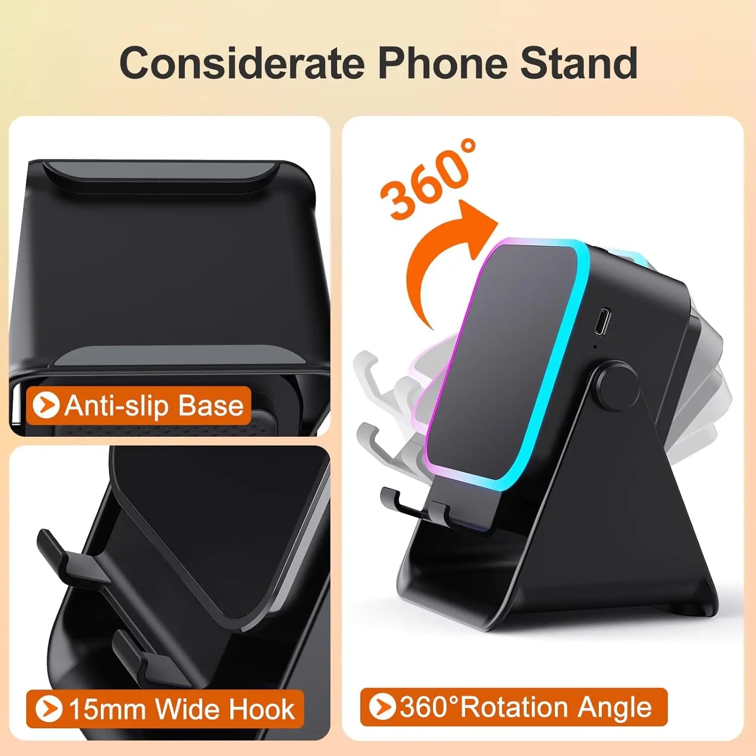 Wireless Bluetooth Induction Speaker, Phone Speaker Amplifier with Colorful Lights Battery, Portable Phone Stand Compatible with Iphone/Ipad/Android/Samsung - Black Party LED