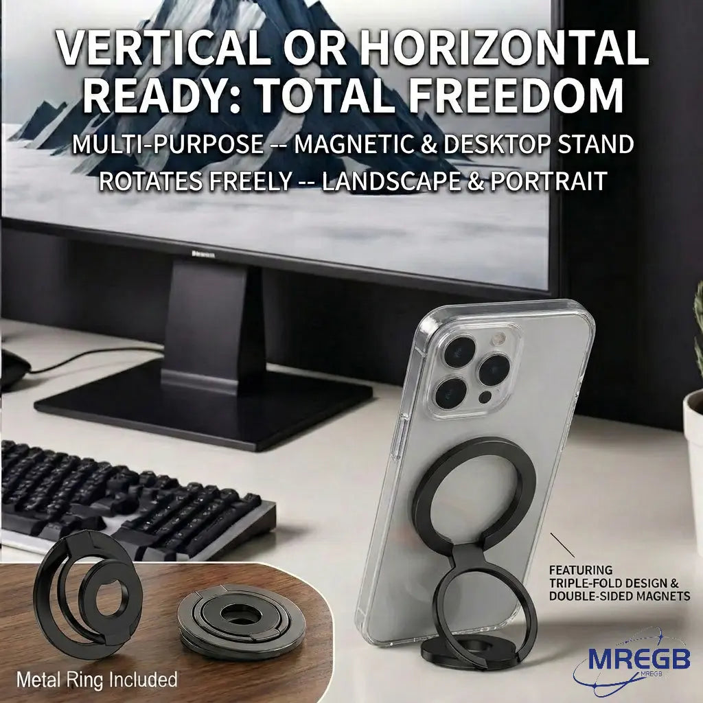 MREGB Magsafe Magnetic Ring Holder Cellphone Stand - N52 Strong Magnet, 360° Adjustable Dual-Axis, 3-Fold Metal Socket, Phone Accessories for Iphone 15/14/13/12 Pro Max, Samsung Smartphones, Mobile Magnetic Mount
