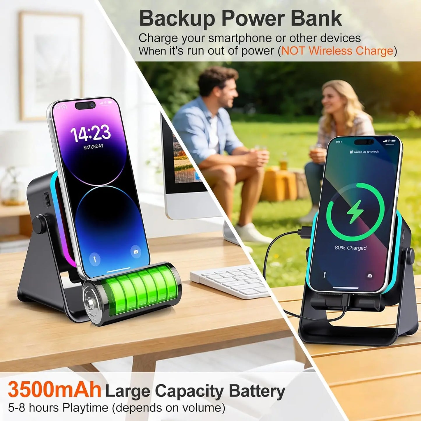 Wireless Bluetooth Induction Speaker, Phone Speaker Amplifier with Colorful Lights Battery, Portable Phone Stand Compatible with Iphone/Ipad/Android/Samsung - Black Party LED