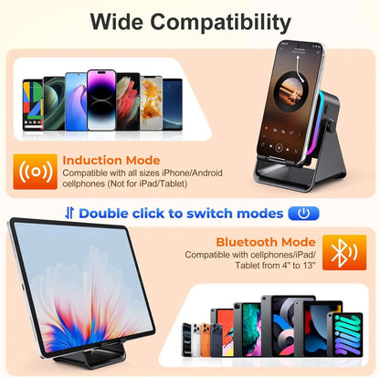 Wireless Bluetooth Induction Speaker, Phone Speaker Amplifier with Colorful Lights Battery, Portable Phone Stand Compatible with Iphone/Ipad/Android/Samsung - Black Party LED
