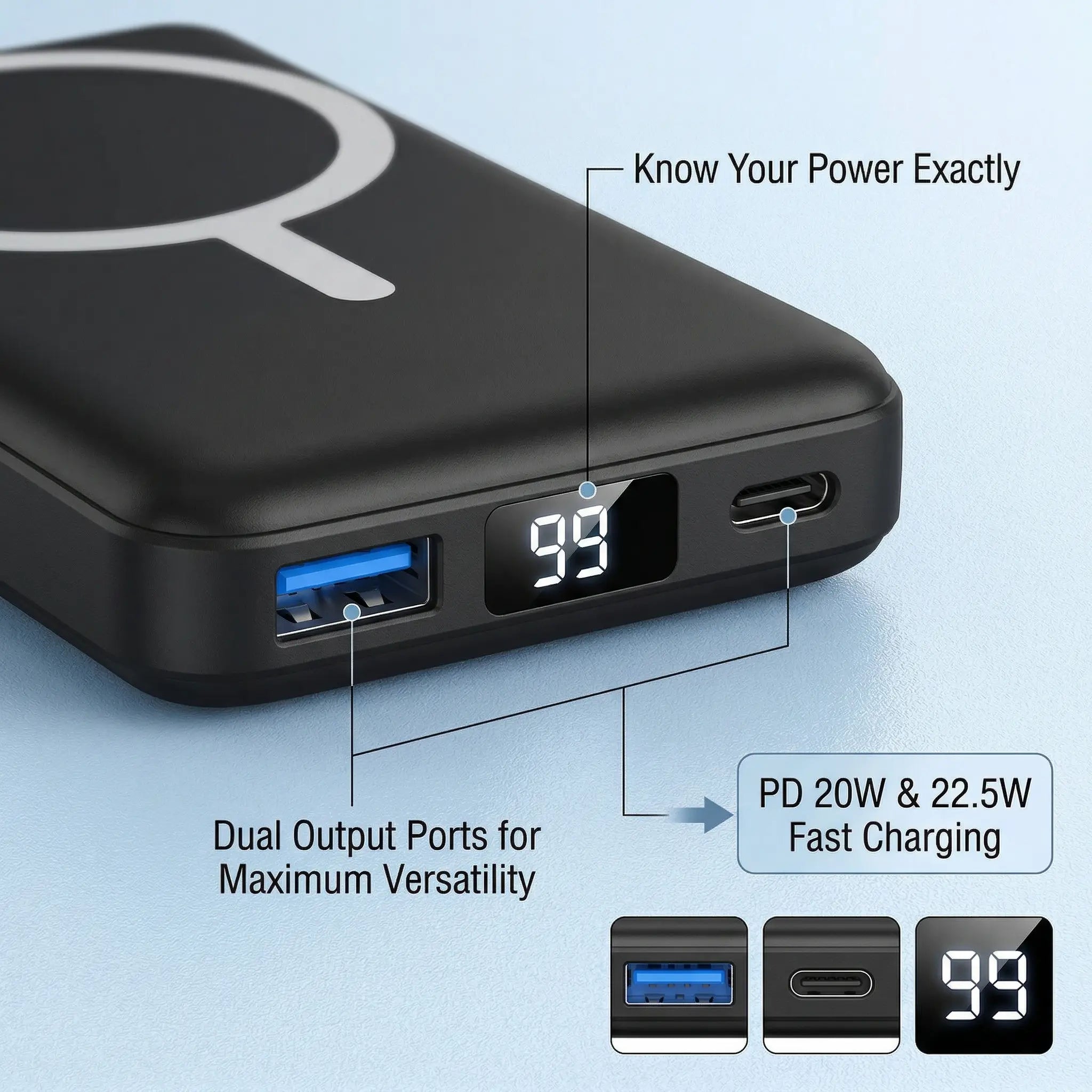 Podoru 10000Mah Magnetic Power Bank for Magsafe, 15W Wireless Portable Charger with LED Display, 20W PD USB-C Fast Charging, Battery Pack for Iphone 17/16/15/14/13/12 Series