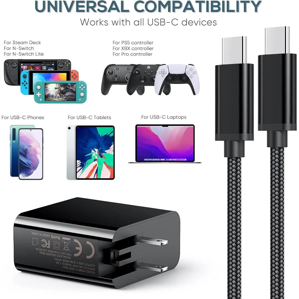 2 AC Adapter Charger 65W for 2/1/Oled/Steam Deck with Foldable Plug & 6.6FT USB-C for Switch2/1/Oled/Lite Steam Deck, ROG Ally