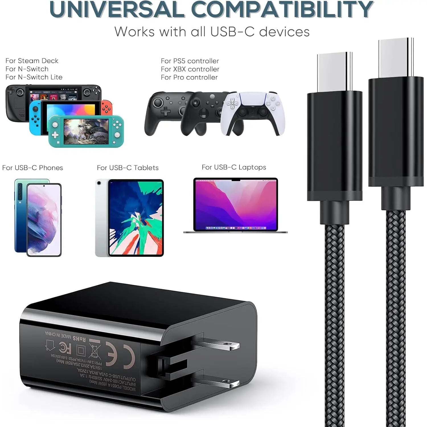 2 AC Adapter Charger 65W for 2/1/Oled/Steam Deck with Foldable Plug & 6.6FT USB-C for Switch2/1/Oled/Lite Steam Deck, ROG Ally