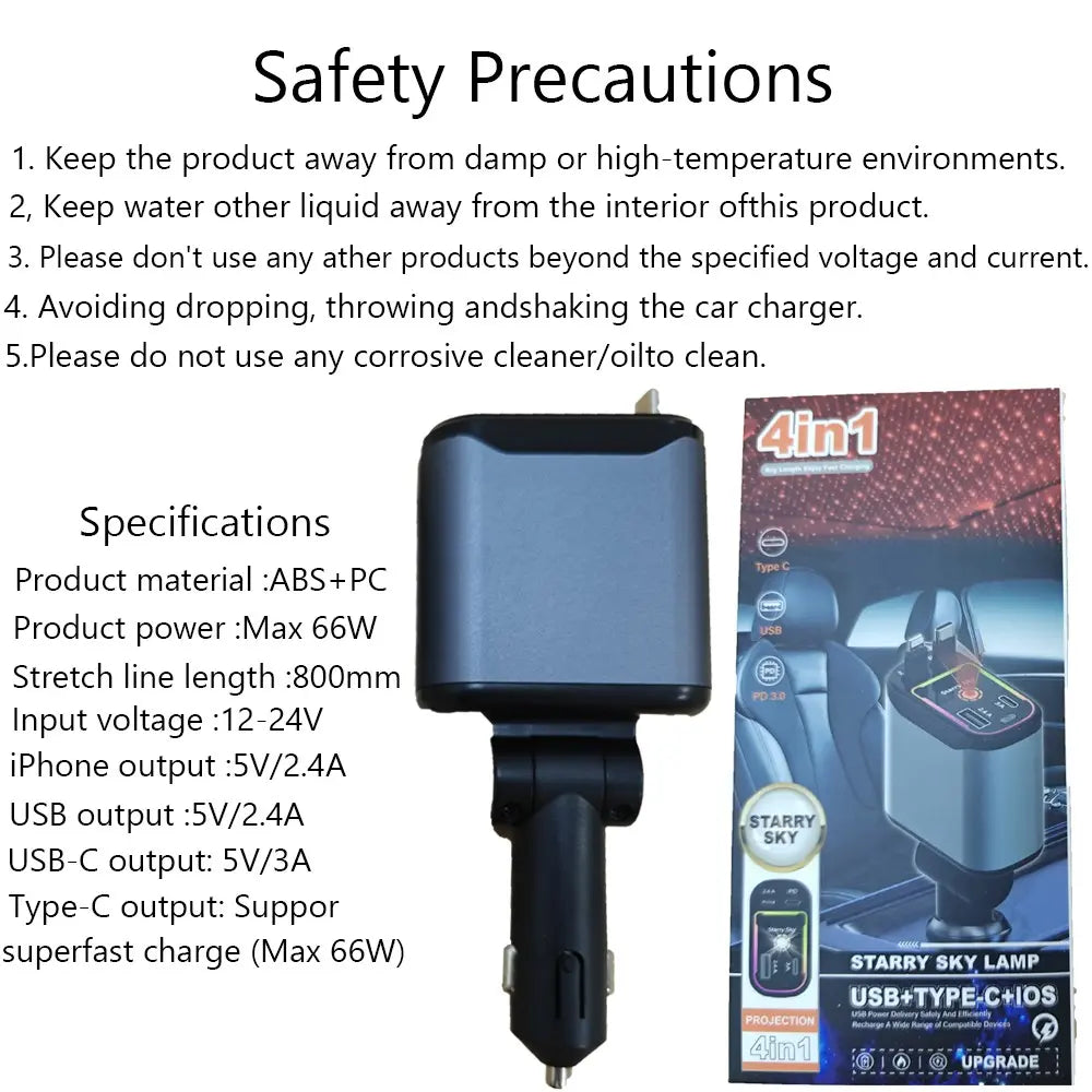 4-In-1 Car Charger, Retractable Automotive Charger, 66W Retractable Car Charger with Star Projector Night Light and LED Decorative Ceiling Light, USB Car Adapter Compatible with Iphone and Samsung, Smart Car Charger GLOBAL PICKS #GLOBAL PICKS