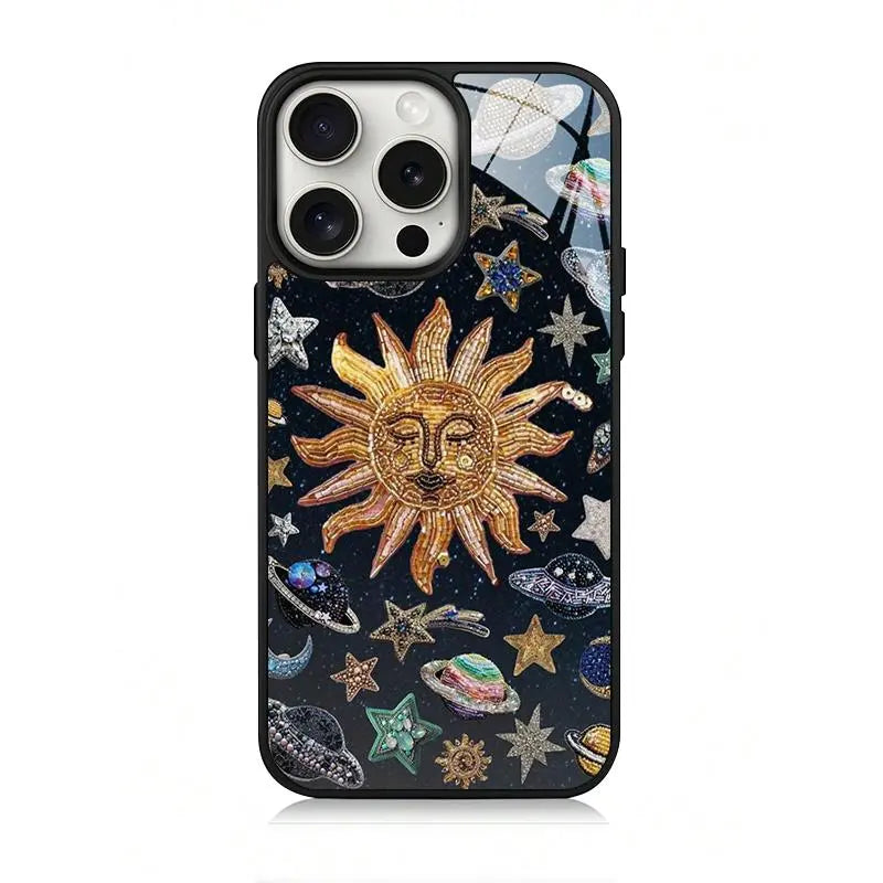 Sun & Planet Pattern Phone Case, 2 in 1 Glass & Acrylic Hard Case, TPU Anti-Drop Total Protective Protective Case for Iphone