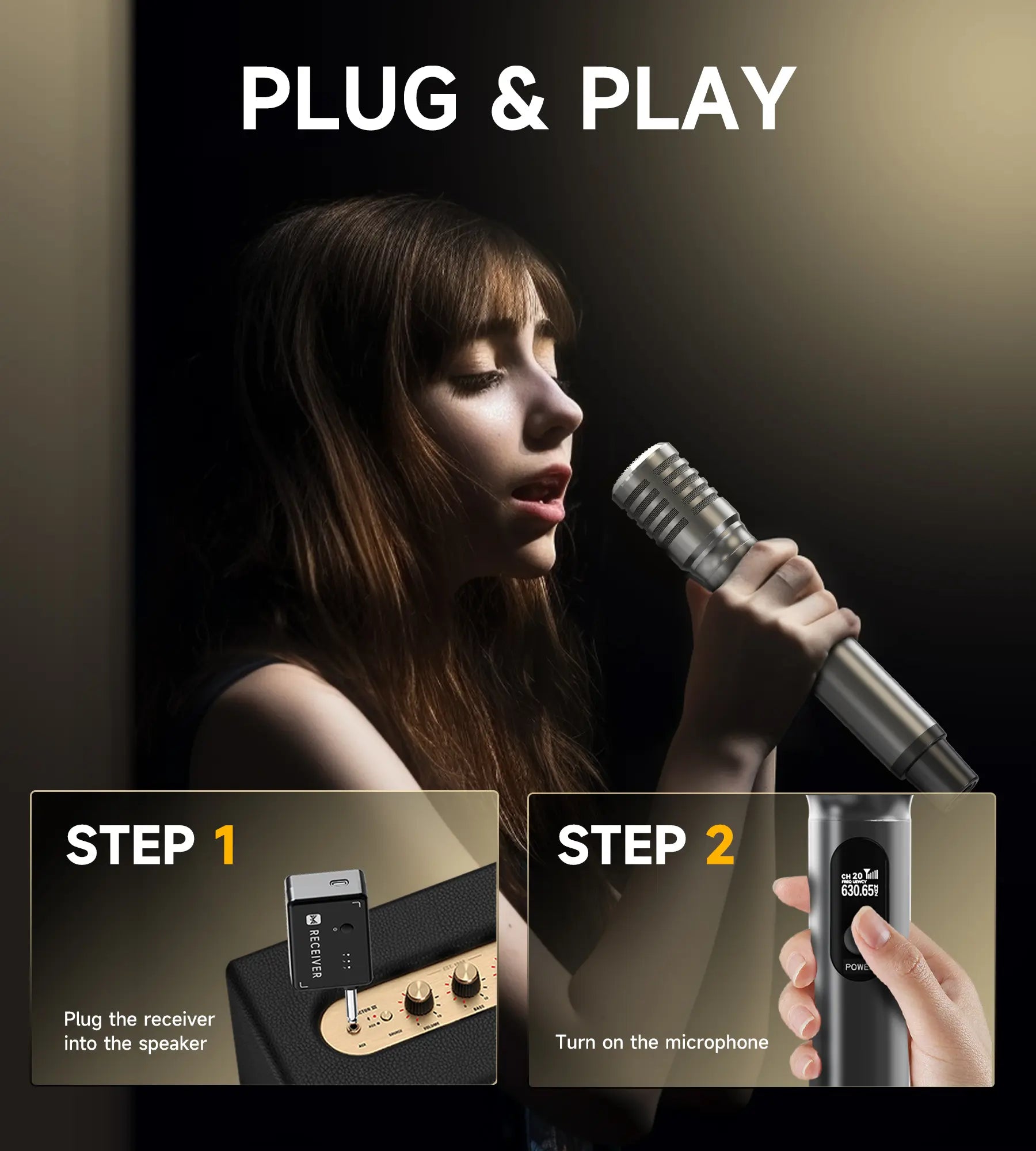 Wireless Microphones, Microphone with One-To-One Chip Connection and Rechargeable Receiver, 40H Duration, 200FT Range Receiving, Less Latency, Metal Construction Microphone for Singing Summerwins