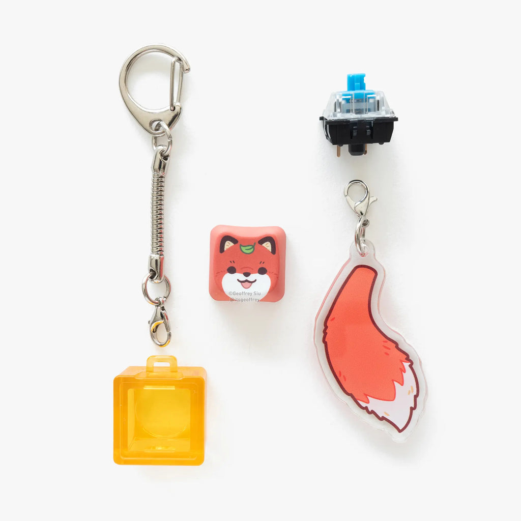 MAO Fox Clicky Keychains - MAO Profile Keycaps with Blue Gateron Switch & Bonus Tail Charm - Customizable Keychains for Keyboard Lovers