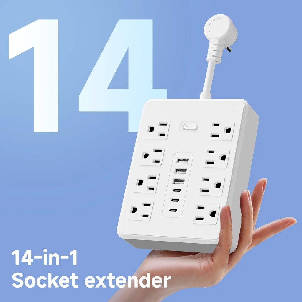 14-In-1 Multifunctional Power Strip with Switch & Surge Protection, Surge Protector Power Strips, Surge Protector Outlets with 8AC Outlets & 3 USB & 3 Type-C Ports Travel Charger Power Socket Extender Multiple Sockets
