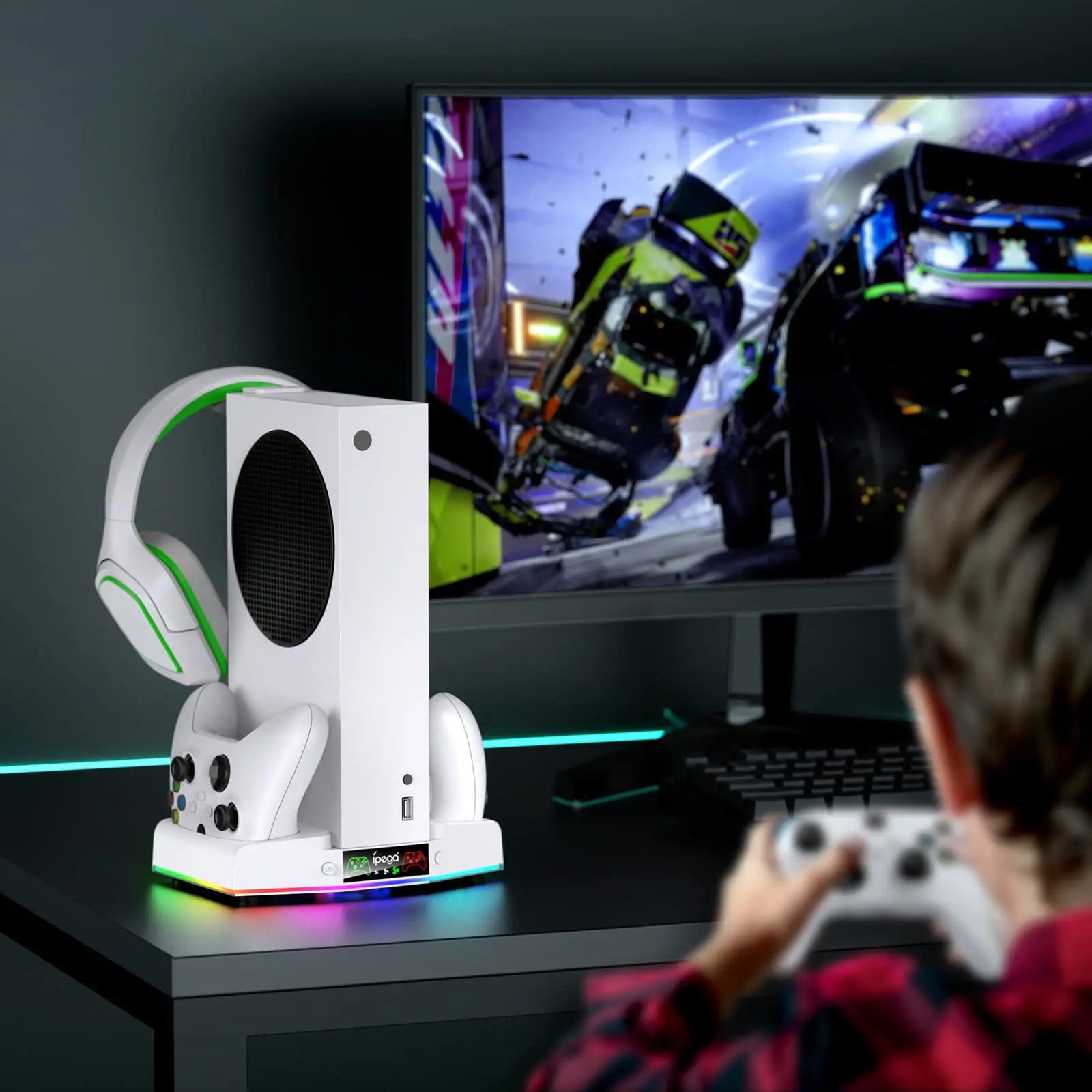 Cooling Fan Stand for Xbox Series S Console - Charging Station for Controller with RGB Light, MENEEA Cooler System&Fast Charger Accessories with 2* 1400Mah Rechargeable Batteries, Headphone Hook White Smartphone Box Controller Xbox Controller