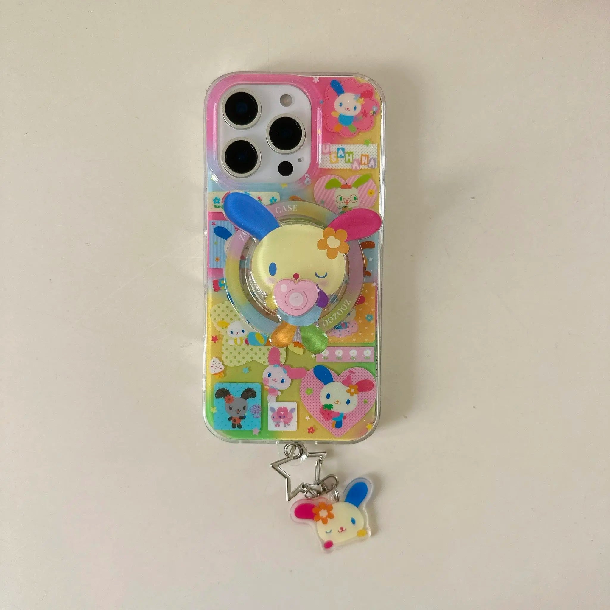 Magnetic Dual-Layer Heart Rainbow Rabbit Protective Smartphone Case Cover for Apple Iphone 17 Pro Max, Fashionable Women'S Simple Design, No Wooden Material