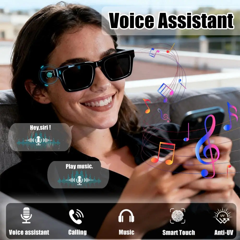Smart Glasses, Wireless Bluetooth Sunglasses with Open-Ear Audio, Voice Assistant &Touch Control, Hands-Free Calling, UV Protection for Running Driving Work, Wearable Tech Gift for Men Women, Multifunctional Rectangular Smart Glasses