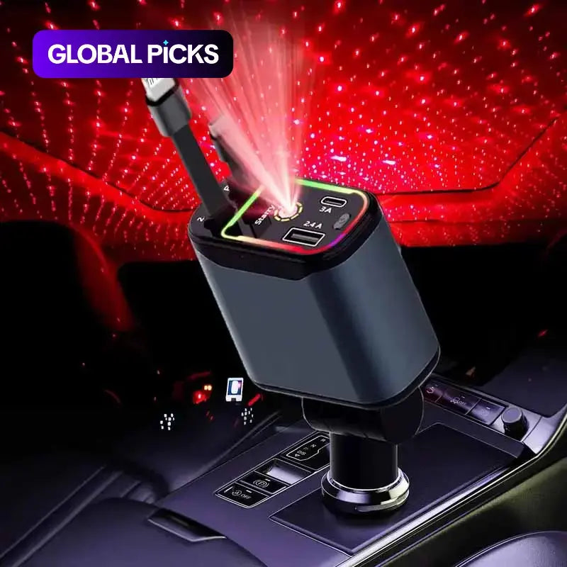 4-In-1 Car Charger, Retractable Automotive Charger, 66W Retractable Car Charger with Star Projector Night Light and LED Decorative Ceiling Light, USB Car Adapter Compatible with Iphone and Samsung, Smart Car Charger GLOBAL PICKS #GLOBAL PICKS