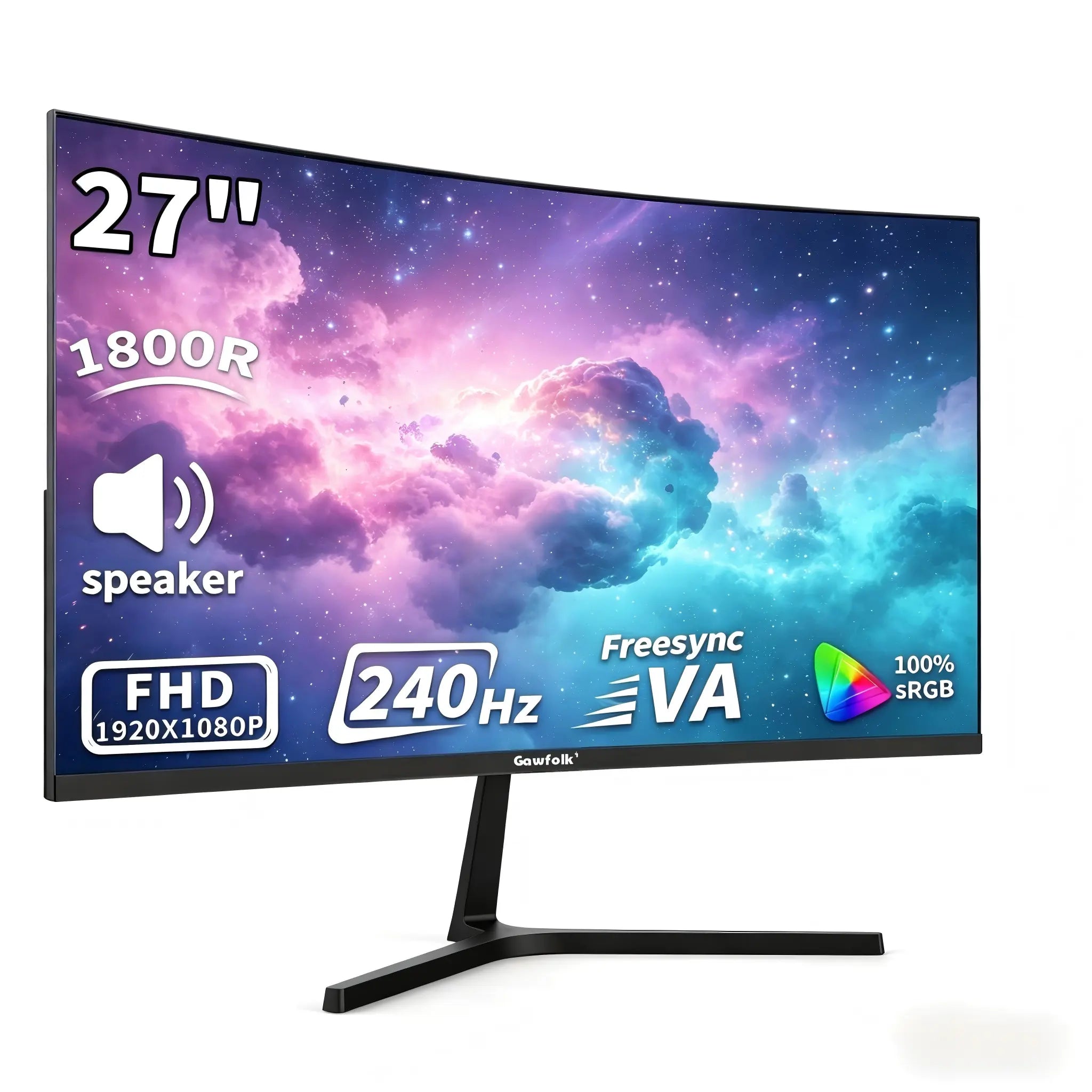 Gawfolk 27 Inch 240Hz Curved Monitor, FHD 1080P Gaming Monitor, Built-In Speakers, Freesync, MPRT 1Ms, 100% Srgb, 3000:1, 1800R,, HDMI 2.0&DP 1.4, VESA 100Mm *100Mm