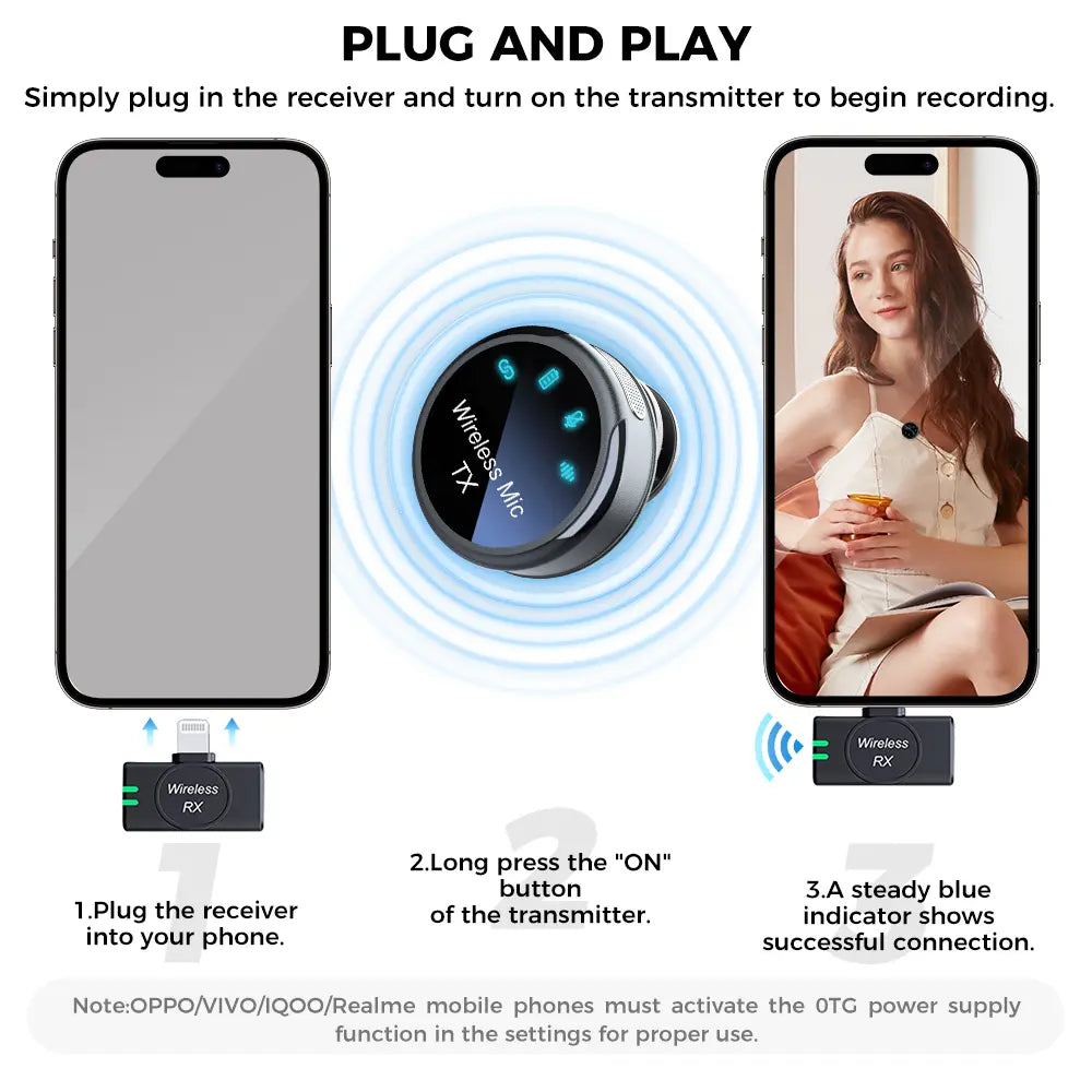 Wireless Lavalier Microphone for Iphone/Android/Camera/Pc/Laptop,30H Battery Life, 1000Ft Range, Noise Cancellation, Button Size Lapel Microphone for Iphone/Ipad/Video Recording/Streaming/Youtube