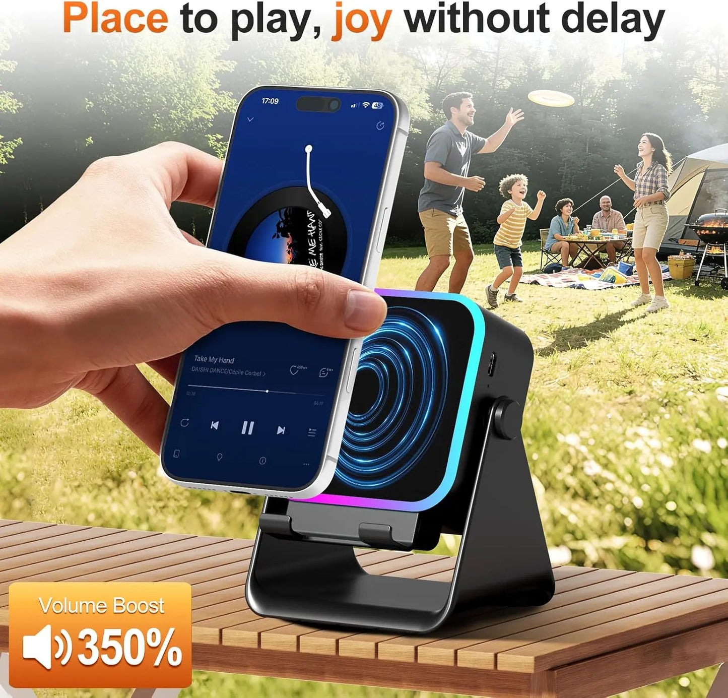 Wireless Bluetooth Induction Speaker, Phone Speaker Amplifier with Colorful Lights Battery, Portable Phone Stand Compatible with Iphone/Ipad/Android/Samsung - Black Party LED