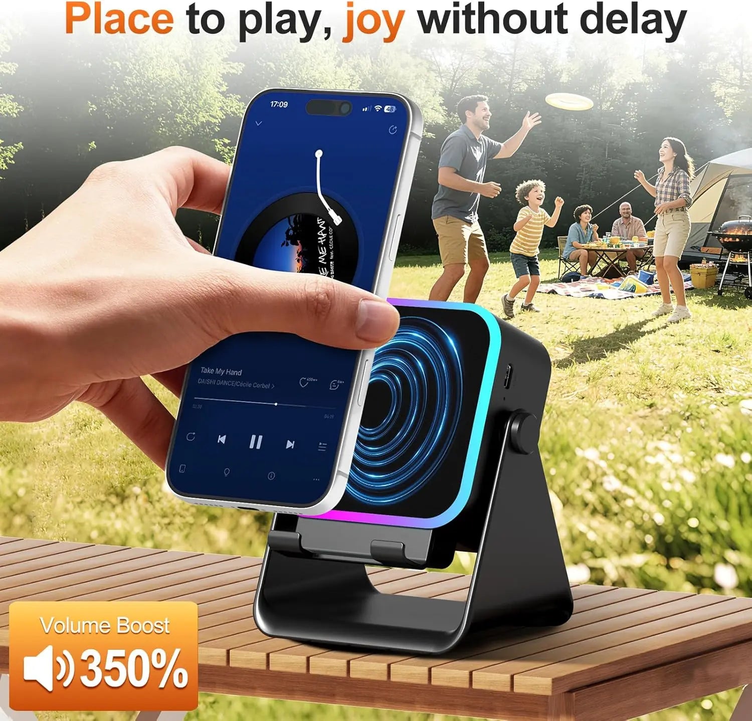 Wireless Bluetooth Induction Speaker, Phone Speaker Amplifier with Colorful Lights Battery, Portable Phone Stand Compatible with Iphone/Ipad/Android/Samsung - Black Party LED