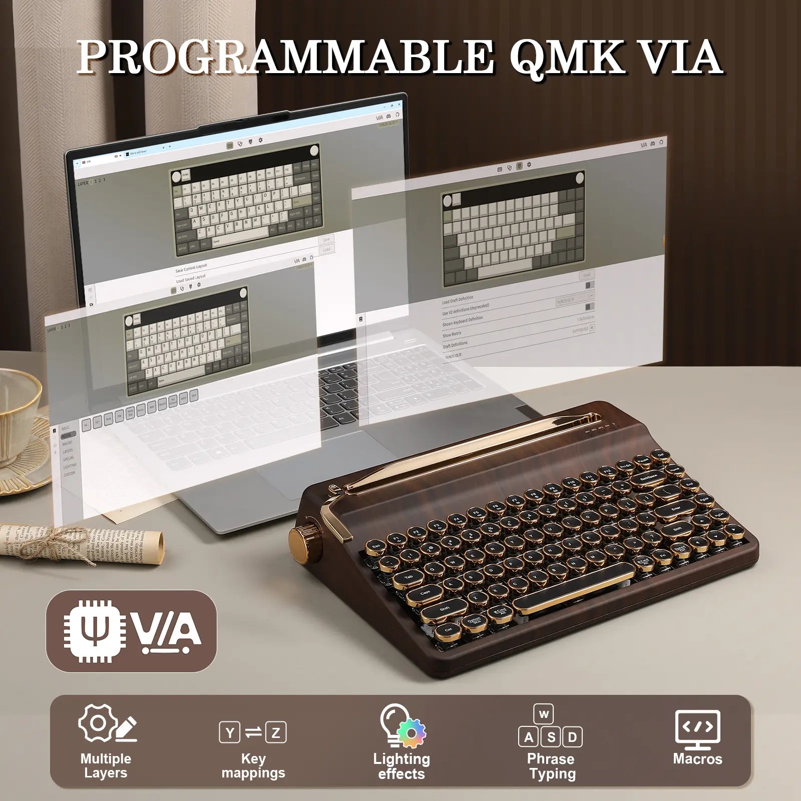 YUNZII QL75 Wireless Typewriter Hot Swap Retro Mechanical Keyboard, Punk round Keycaps, RGB Backlit QMK/VIA Programmable, Multi-Device Keyboard with 2.4Ghz/Type-C/Bt5.0