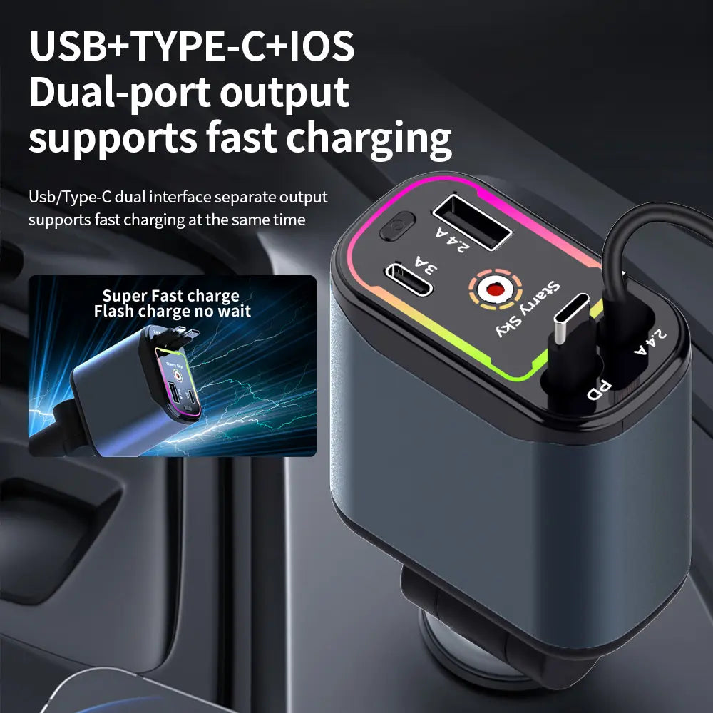 4-In-1 Car Charger, Retractable Automotive Charger, 66W Retractable Car Charger with Star Projector Night Light and LED Decorative Ceiling Light, USB Car Adapter Compatible with Iphone and Samsung, Smart Car Charger GLOBAL PICKS #GLOBAL PICKS