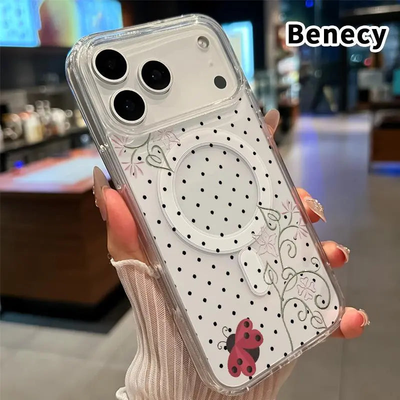 Clear Phone Case for Iphone 17 16 Pro Max plus 15 14 13 12 11 Air E Ladybug Floral Dots Pattern Magnetic Sunction Acrylic Back Full Body Protective Cover Protection Wireless Shockproof Transparent Silicone Casing