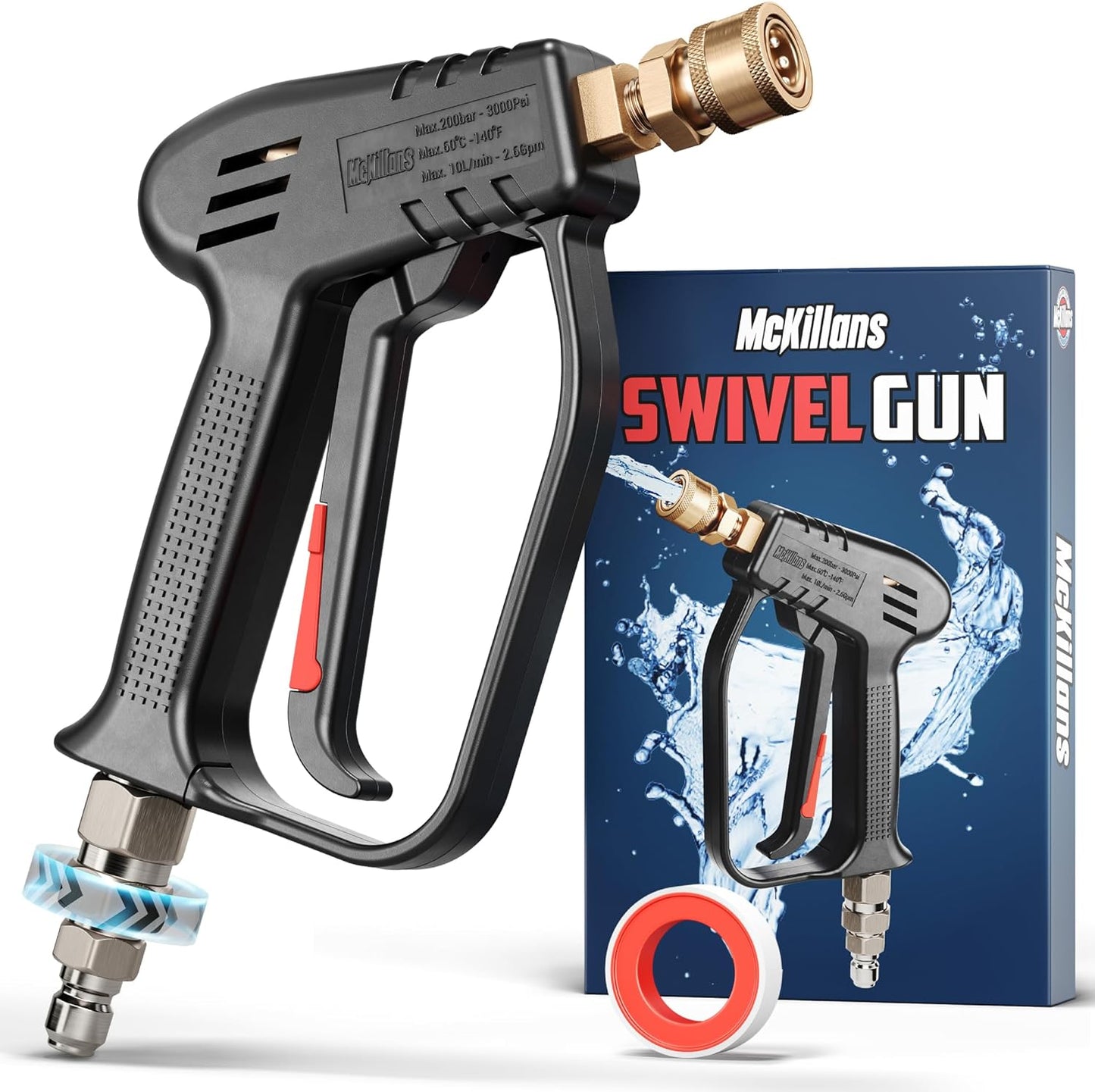 ® Short Pressure Washer Gun with Swivel - High Pressure Water Handle with 3/8" Male Plug and 1/4” Quick Connector Coupler - Power Washer Gun Compatible with Foam Cannon - Car Wash Foam Gun