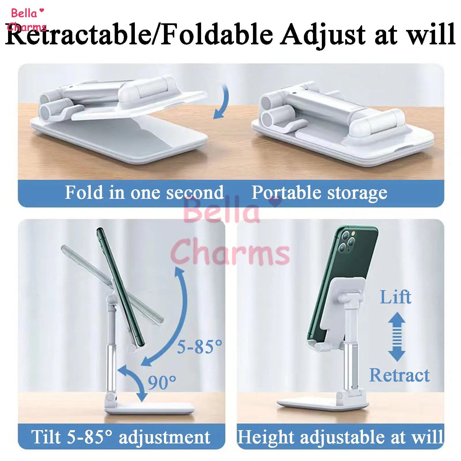 Foldable and Adjustable Cell Phone Stand – Universal Desk Phone Holder Compatible with Iphone and All Smartphones, Stable and Portable Design for Office, Home, and Travel, Ideal for Video Calls, Watching Movies, and Hands-Free Usage