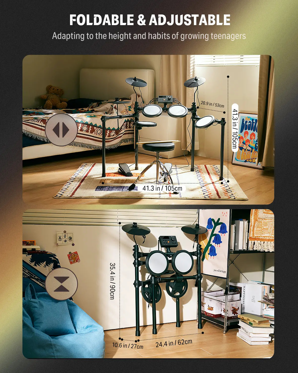 Donner DED-70 Electric Drum Set for Children Aged 6-14, Electric Drums with 4 Quiet Mesh Drum Pads, 2 Switch Pedal, Portable and Solid Drum Set with Type-C Charging, 68+ Sounds, Throne, Headphones, Sticks, Melodics Lessons