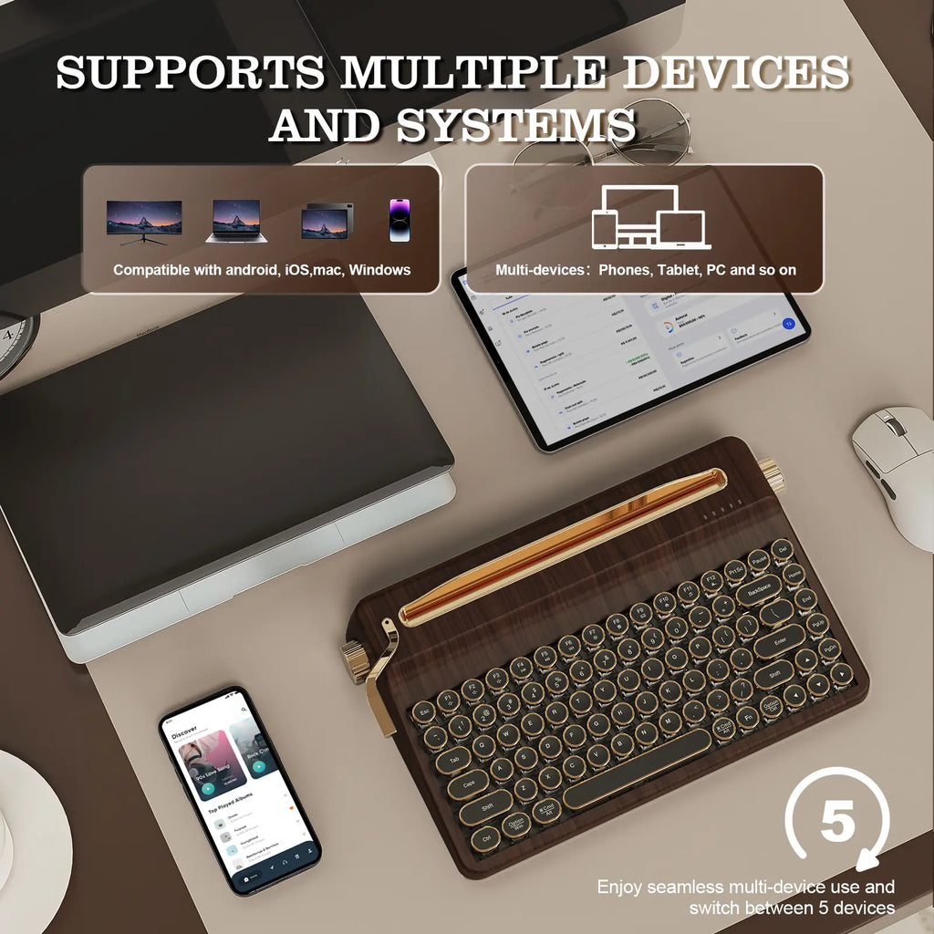 YUNZII QL75 Wireless Typewriter Hot Swap Retro Mechanical Keyboard, Punk round Keycaps, RGB Backlit QMK/VIA Programmable, Multi-Device Keyboard with 2.4Ghz/Type-C/Bt5.0