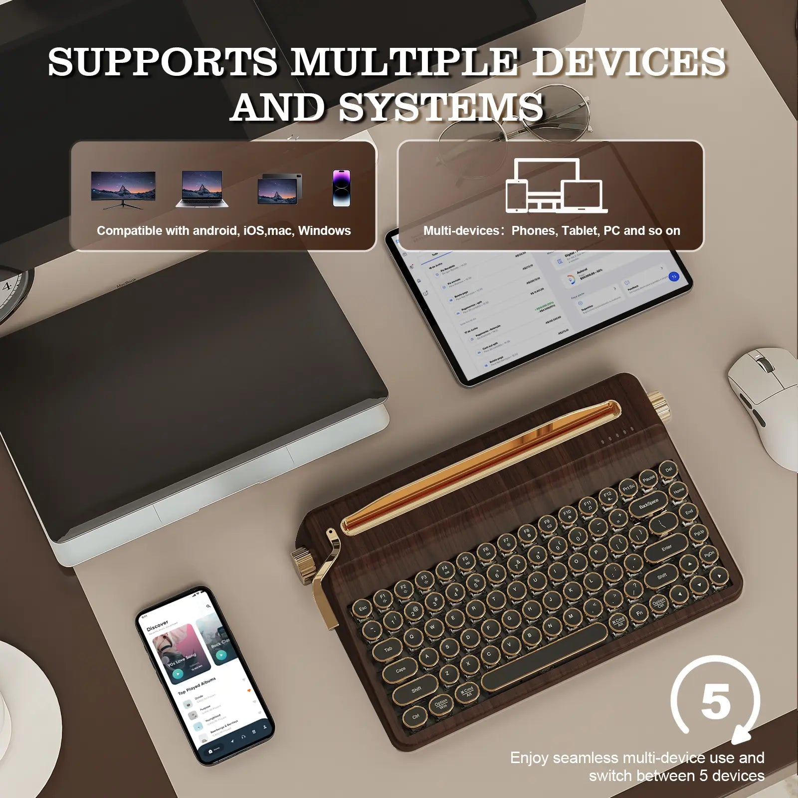 YUNZII QL75 Wireless Typewriter Hot Swap Retro Mechanical Keyboard, Punk round Keycaps, RGB Backlit QMK/VIA Programmable, Multi-Device Keyboard with 2.4Ghz/Type-C/Bt5.0