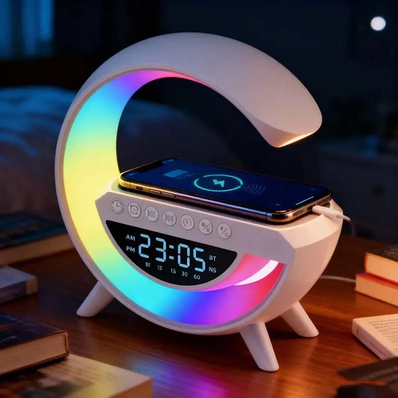 Wireless Speaker Charger Light LED Bedside Lamp 4-In-1 Alarm Clock Mood Light Speaker & Wireless Charger G-Shaped Atmosphere Lamp RGB Colour Changing Lamp for Bedroom Birthday Gifts with 5 Attributes