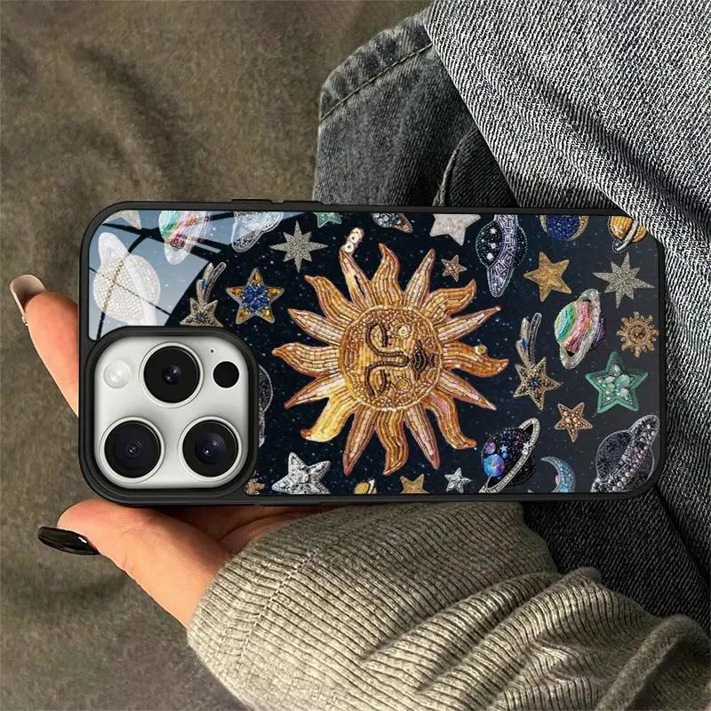 Sun & Planet Pattern Phone Case, 2 in 1 Glass & Acrylic Hard Case, TPU Anti-Drop Total Protective Protective Case for Iphone