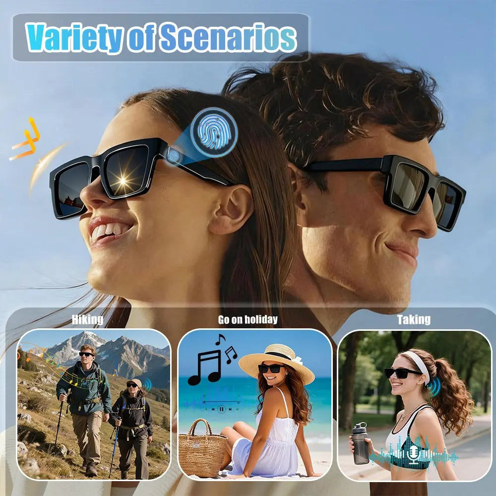 Smart Glasses, Wireless Bluetooth Sunglasses with Open-Ear Audio, Voice Assistant &Touch Control, Hands-Free Calling, UV Protection for Running Driving Work, Wearable Tech Gift for Men Women, Multifunctional Rectangular Smart Glasses