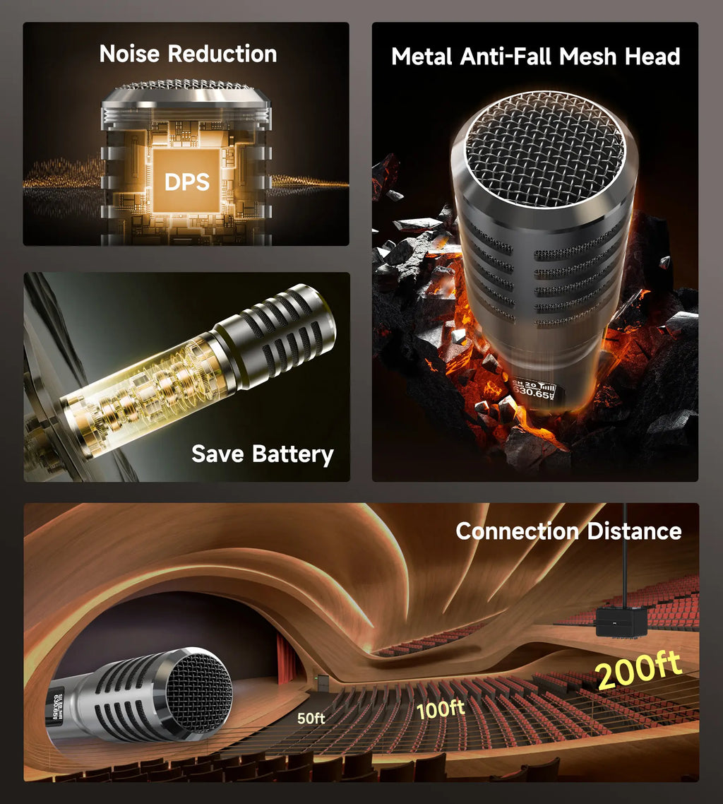 Wireless Microphones, Microphone with One-To-One Chip Connection and Rechargeable Receiver, 40H Duration, 200FT Range Receiving, Less Latency, Metal Construction Microphone for Singing Summerwins