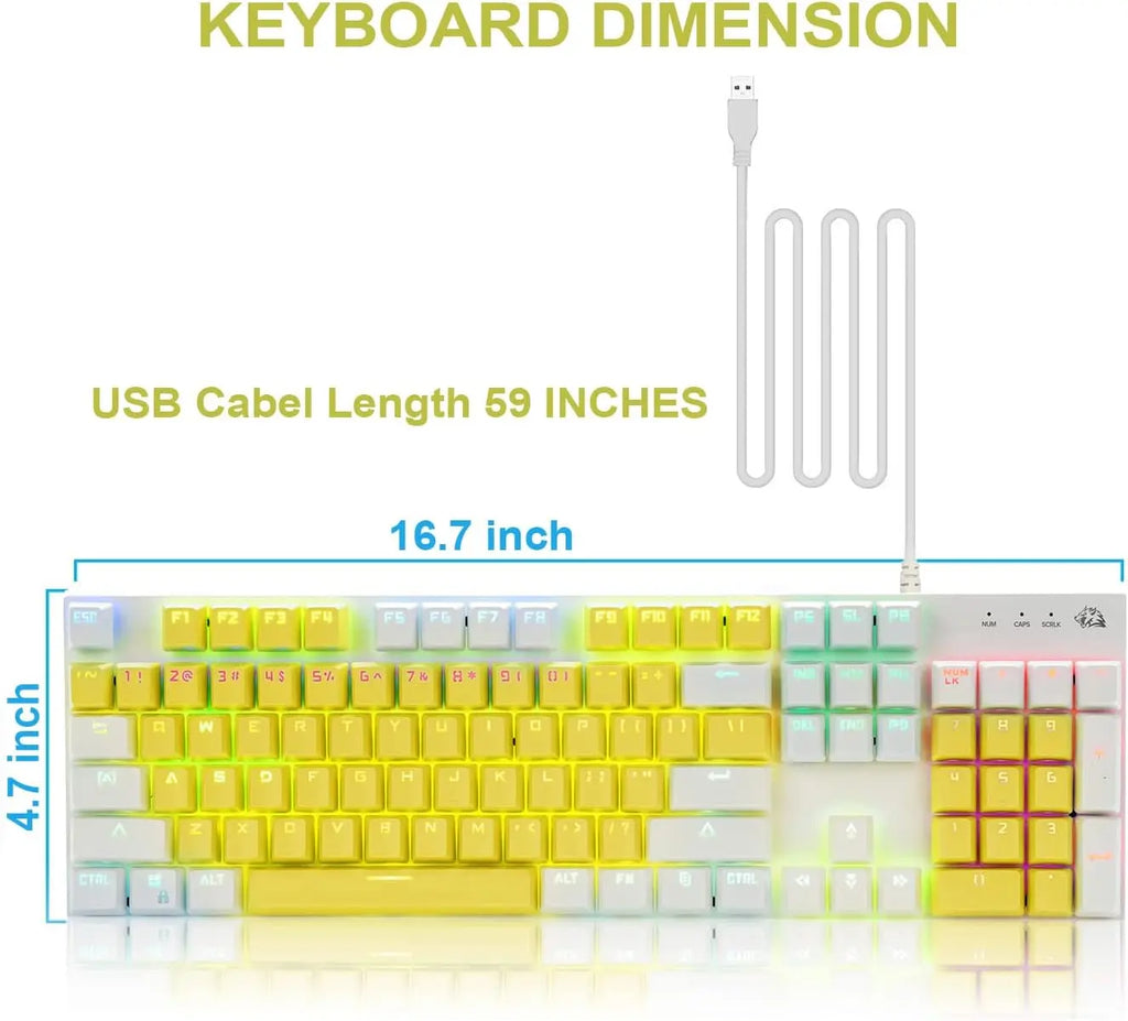 Basaltech K1-Series Wired 104-Key Full Sized Blue Switch Mechanical Keyboard with Backlit, Yellow Keys, and 12 Multimedia Keys for PC Gaming