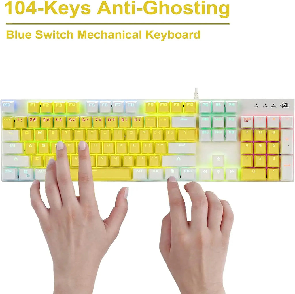 Basaltech K1-Series Wired 104-Key Full Sized Blue Switch Mechanical Keyboard with Backlit, Yellow Keys, and 12 Multimedia Keys for PC Gaming