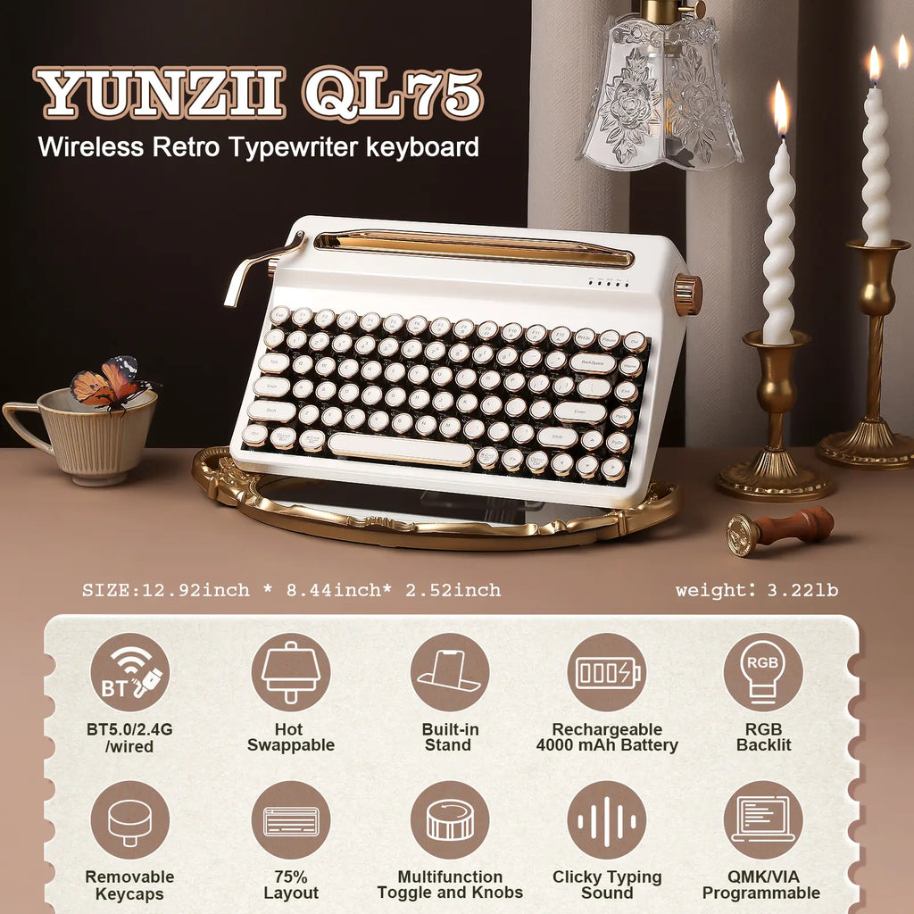 YUNZII QL75 Wireless Typewriter Hot Swap Retro Mechanical Keyboard, Punk round Keycaps, RGB Backlit QMK/VIA Programmable, Multi-Device Keyboard with 2.4Ghz/Type-C/Bt5.0