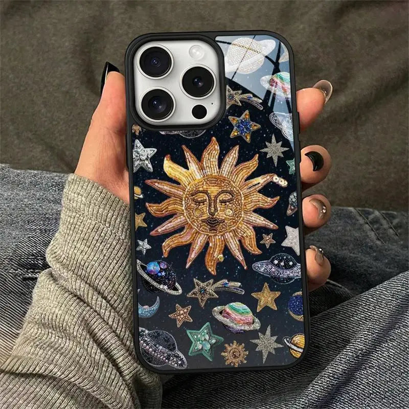 Sun & Planet Pattern Phone Case, 2 in 1 Glass & Acrylic Hard Case, TPU Anti-Drop Total Protective Protective Case for Iphone