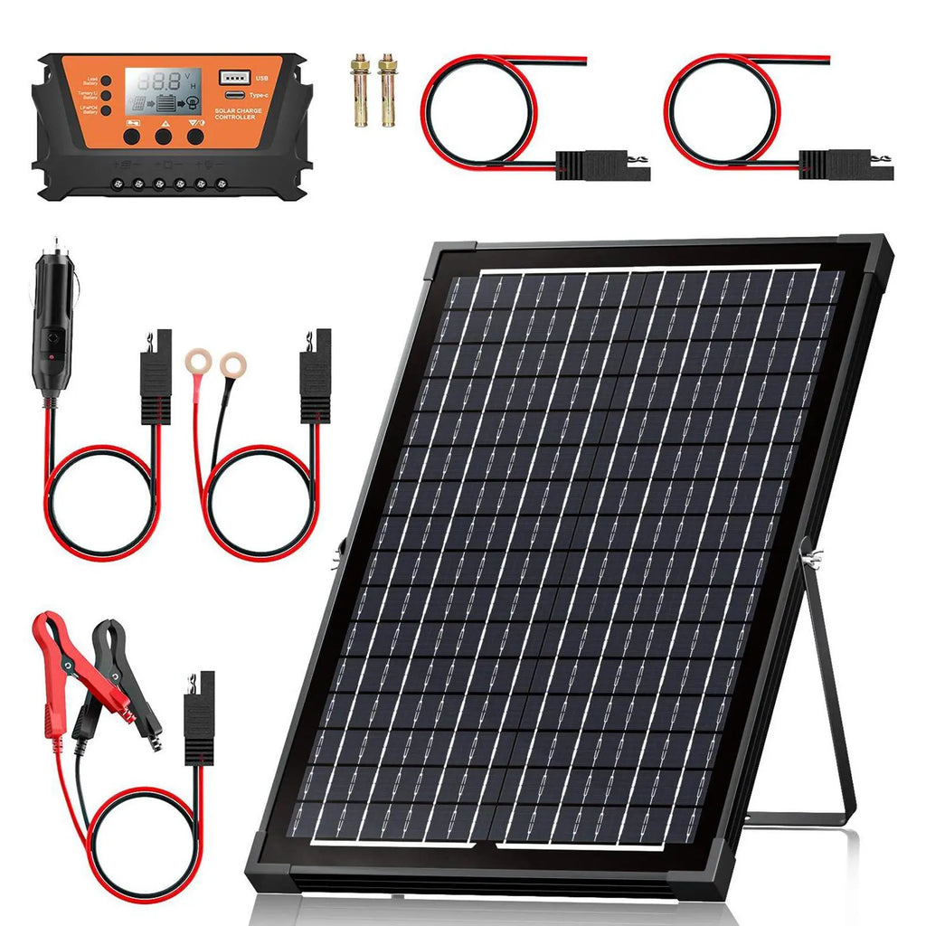 30W Dual-Sided Solar Panel Kit , Monocrystalline Solar Panel Trickle Charger, Suitable for Cars, Rvs, Boats, and Off-Grid Battery Charging, Includes Controller and Adjustable Mounting Brackets, Snow and Wind Resistant Design, Dealsforyoudays