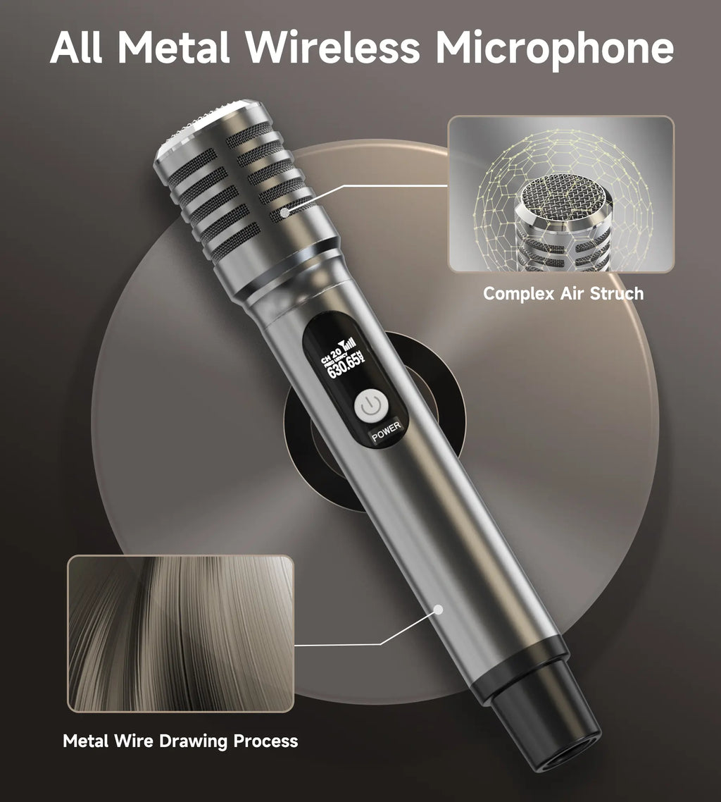 Wireless Microphones, Microphone with One-To-One Chip Connection and Rechargeable Receiver, 40H Duration, 200FT Range Receiving, Less Latency, Metal Construction Microphone for Singing Summerwins