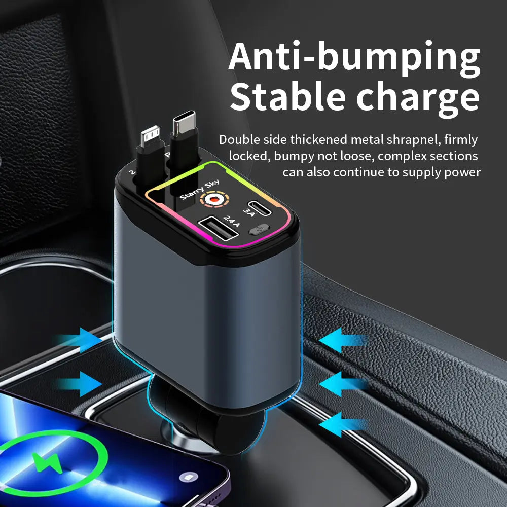 4-In-1 Car Charger, Retractable Automotive Charger, 66W Retractable Car Charger with Star Projector Night Light and LED Decorative Ceiling Light, USB Car Adapter Compatible with Iphone and Samsung, Smart Car Charger GLOBAL PICKS #GLOBAL PICKS