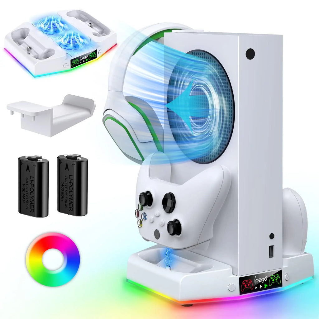Cooling Fan Stand for Xbox Series S Console - Charging Station for Controller with RGB Light, MENEEA Cooler System&Fast Charger Accessories with 2* 1400Mah Rechargeable Batteries, Headphone Hook White Smartphone Box Controller Xbox Controller