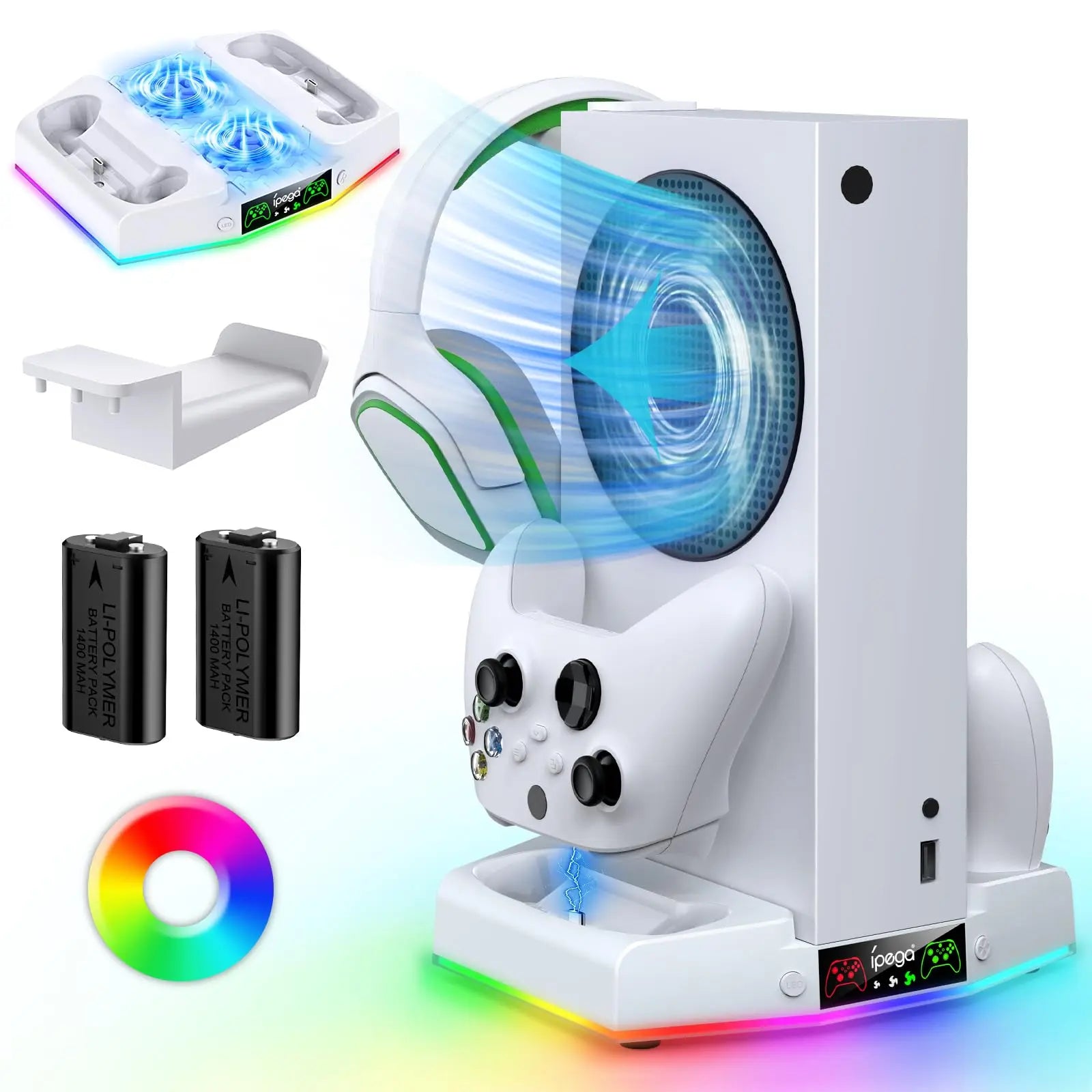 Cooling Fan Stand for Xbox Series S Console - Charging Station for Controller with RGB Light, MENEEA Cooler System&Fast Charger Accessories with 2* 1400Mah Rechargeable Batteries, Headphone Hook White Smartphone Box Controller Xbox Controller