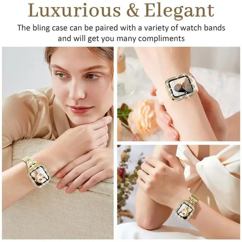 Bling Case with HD Screen Protector Women Compatible with Apple Watch 40Mm Diamond Protective Face Cover PC Frame Protector for Iwatch Series 4/5/6/SE Gold