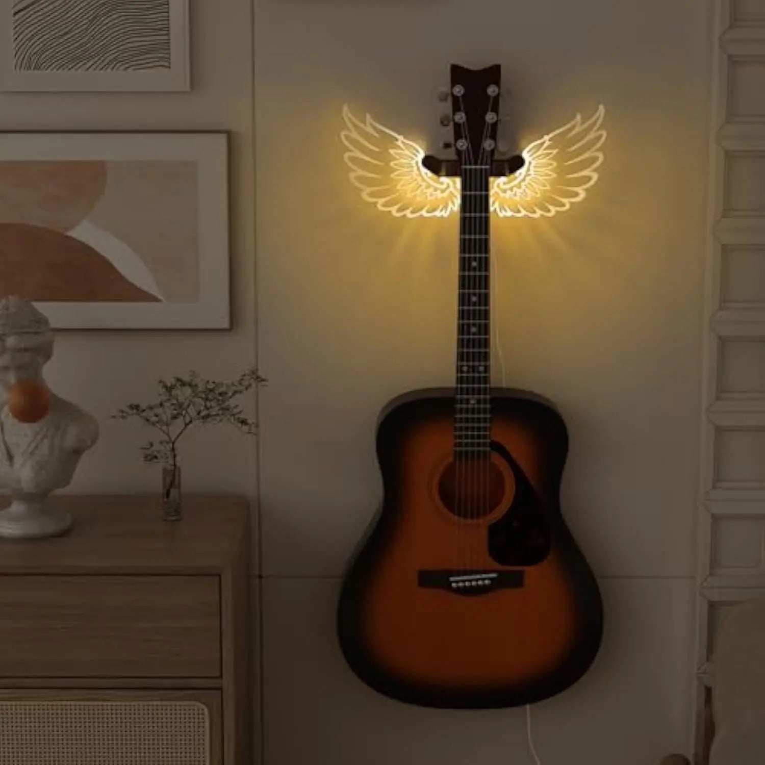 Luminous Angel Wings Guitar Hanger,Led Guitar Wall Mount Stand, Wooden Acrylic Guitar Holder Shelf, Wall Mount for Acoustic Electric Bass Ukulele, Room Decor, Gift for Music Lovers, Birthday Christmas Gift Lighting