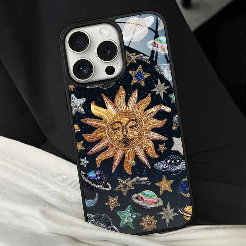 Sun & Planet Pattern Phone Case, 2 in 1 Glass & Acrylic Hard Case, TPU Anti-Drop Total Protective Protective Case for Iphone