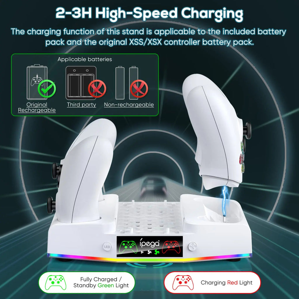 Cooling Fan Stand for Xbox Series S Console - Charging Station for Controller with RGB Light, MENEEA Cooler System&Fast Charger Accessories with 2* 1400Mah Rechargeable Batteries, Headphone Hook White Smartphone Box Controller Xbox Controller