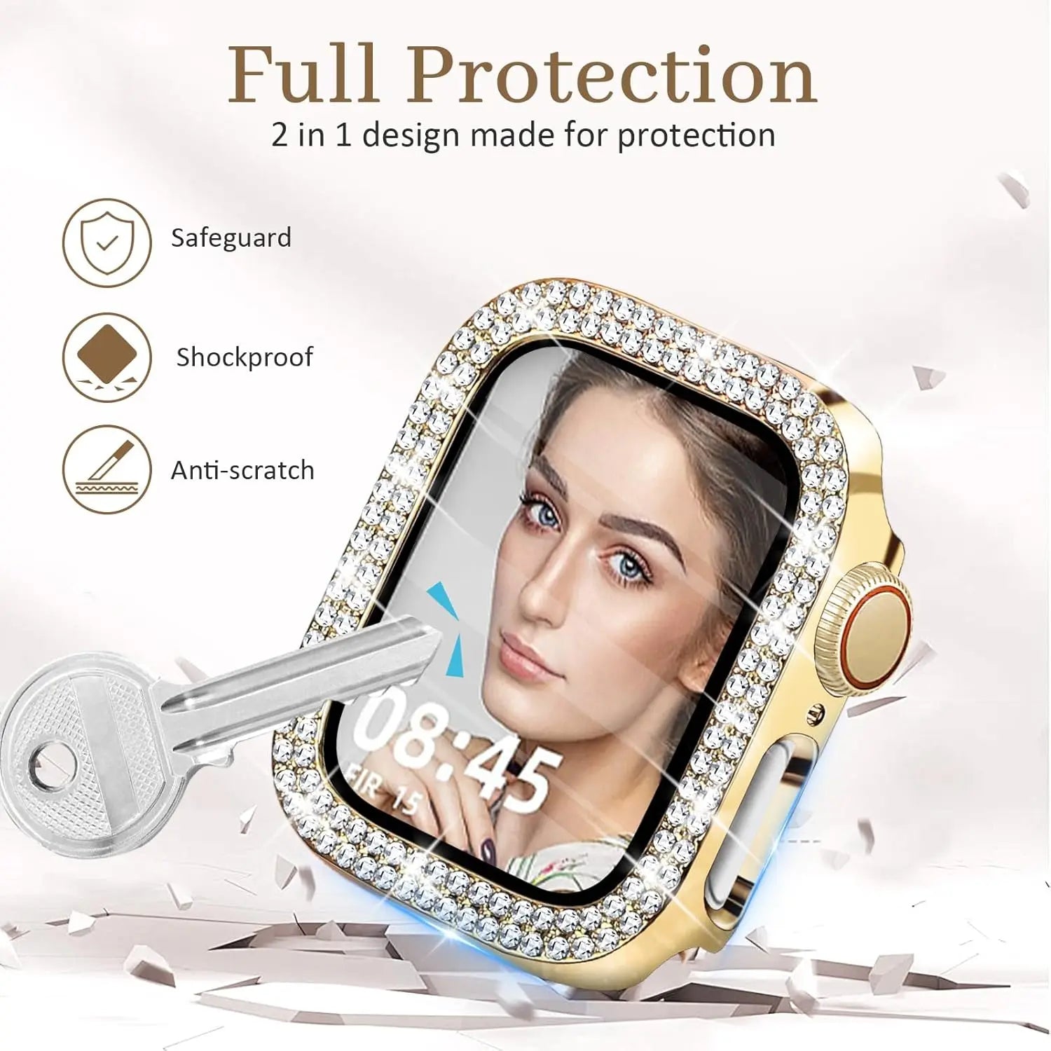 Bling Case with HD Screen Protector Women Compatible with Apple Watch 40Mm Diamond Protective Face Cover PC Frame Protector for Iwatch Series 4/5/6/SE Gold